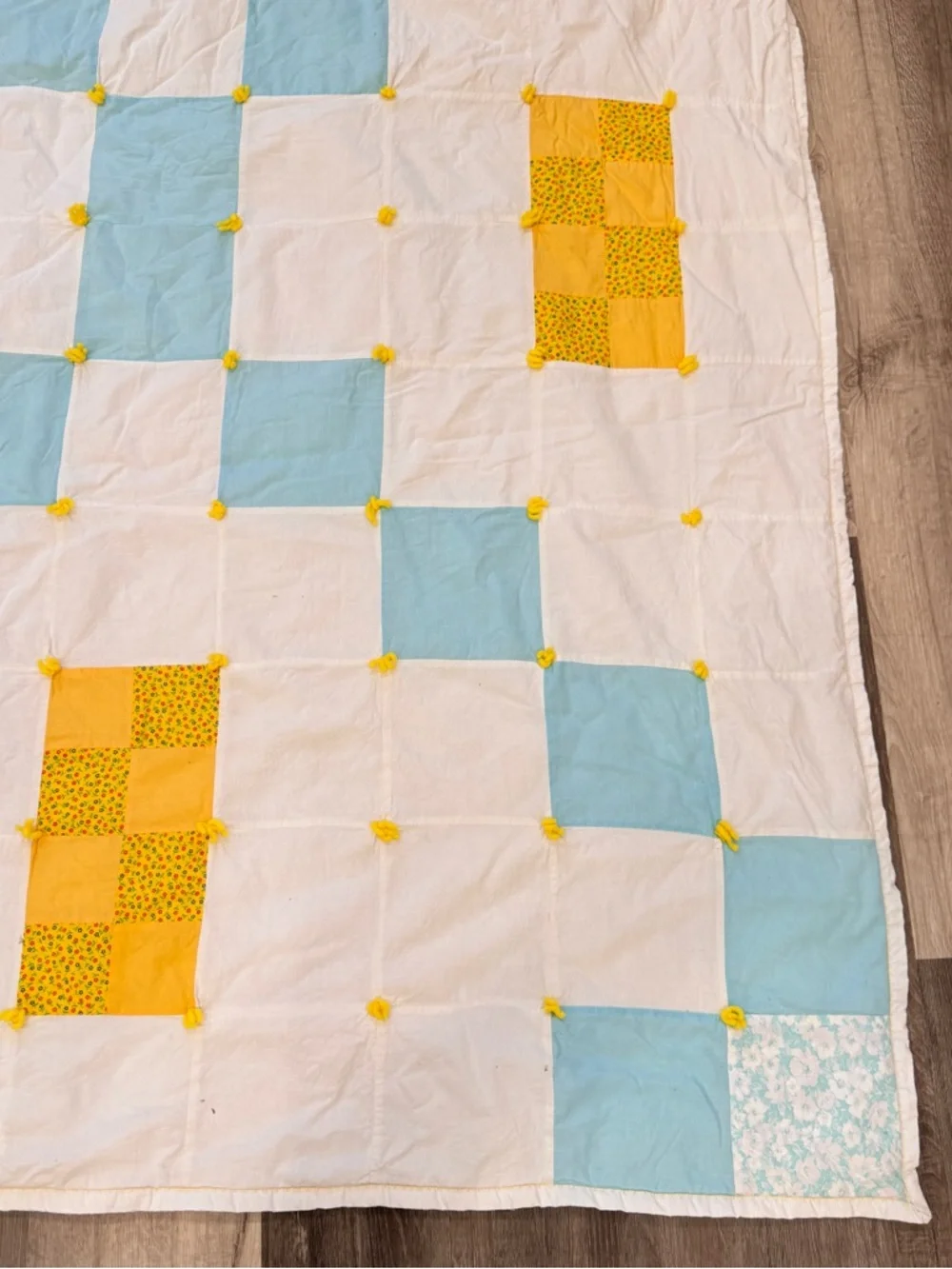 Vintage Handmade Patchwork Quilt White, Blue & Yellow Tattered Country